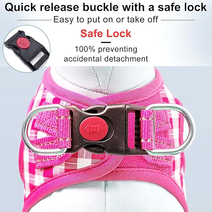 Dog Harness Step-in Breathable Puppy Cat Dog Vest Harnesses for Small Medium Dogs Pink Checkered