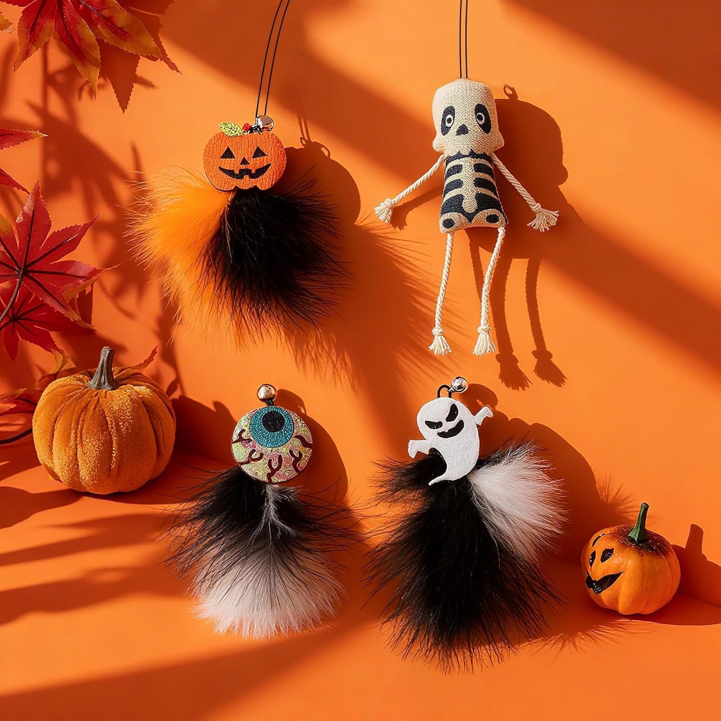 Walfront 4PCS Halloween Cat Toys, Wand Teaser Toys with Bells, Pumpkin, Ghost, Eyeball and Skull, Kitten Interactive Toys, Plush Kitten Plaything Gift Set