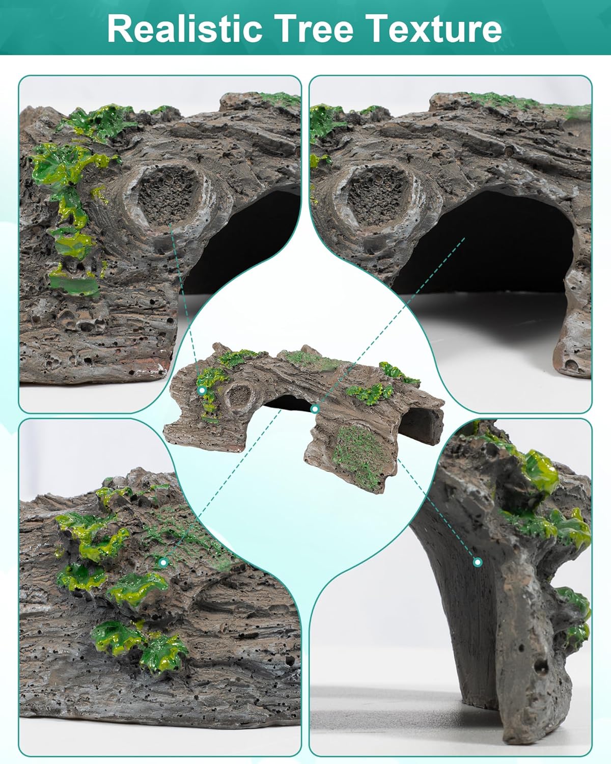 TRUVIC Fish Tank Decorations - Aquarium Cave Decor, Resin Hollow Tree Trunk Reptile Hide & Betta Log Hideout for 20 Gallon Tank, Fish Accessories Shelter Cave