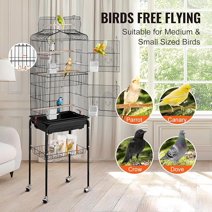 VEVOR 64-inch Open Top Large Parrot Bird Cage with Detachable Rolling Stand for Parakeets Finches Canaries Lovebirds Cockatiels Budgies Small Quaker Conures Flight Birdcage with Swing and Perch