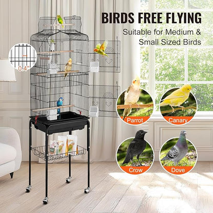VEVOR 64-inch Open Top Large Parrot Bird Cage with Detachable Rolling Stand for Parakeets Finches Canaries Lovebirds Cockatiels Budgies Small Quaker Conures Flight Birdcage with Swing and Perch