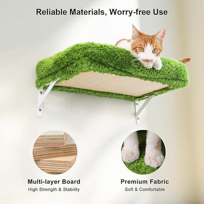 FUKUMARU Cat Wall Shelves, Stable & Safe 4 in 1 Cat Furniture Set, Wooden Climbing Wall with Scratching Post, Bridge and Bed, Stylish Jungle Gym for 16 Inch Drywall - Green