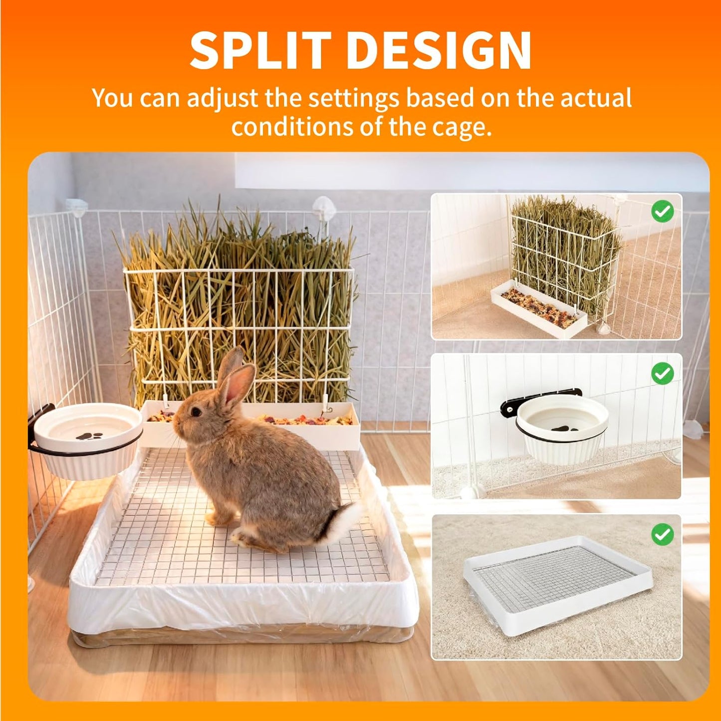 3 in 1 Rabbit Hay Feeder with Litter Box,Upgraded Metal Hay Rack & Litter Tray & Water Bowl,Quick Cleaning,Easy to Install,Bunny Supplies for Rabbit Guinea Pig Chinchilla Small Animals