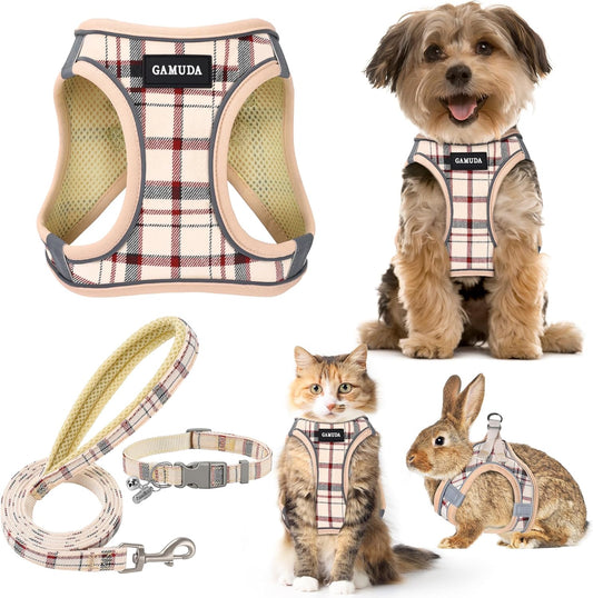 GAMUDA Small Dog Harness Collar and Leash Set, Step in No Chock No Pull Soft Mesh Adjustable Dog Vest Harnesses Plaid Reflective for Dogs Puppy Cats Kitten Rabbit (Beige, XS)