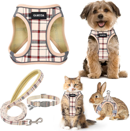 GAMUDA Small Dog Harness Collar and Leash Set, Step in No Chock No Pull Soft Mesh Adjustable Dog Vest Harnesses Plaid Reflective for Dogs Puppy Cats Kitten Rabbit (Beige, XXS)