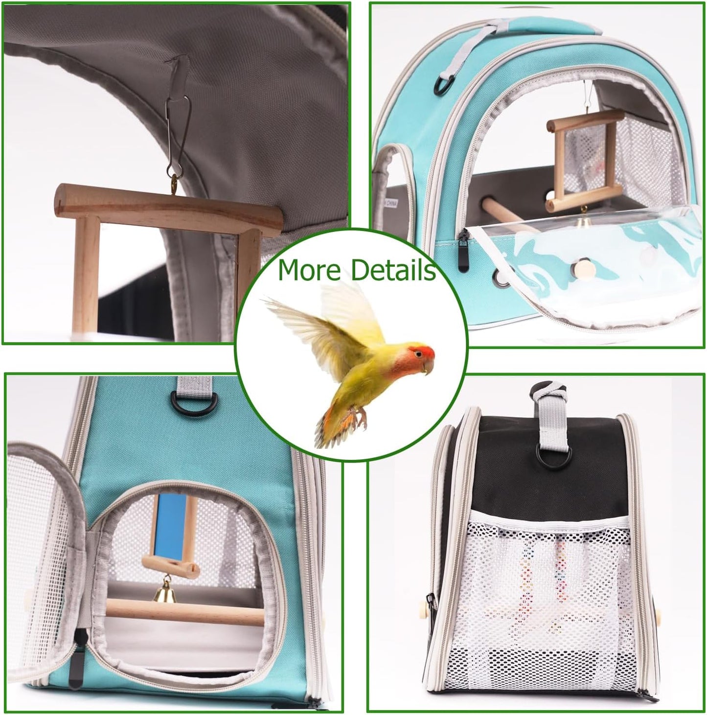 Parrot Travel Cage with Bird Cage Bells Mirror Set,Portable Small Bird Parakeet Bag with Standing Perch and Comfy Mat Bird Carry Transport Bag with Clear Window Vet Visit Shopping