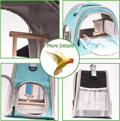 Parrot Travel Cage with Bird Cage Bells Mirror Set,Portable Small Bird Parakeet Bag with Standing Perch and Comfy Mat Bird Carry Transport Bag with Clear Window Vet Visit Shopping