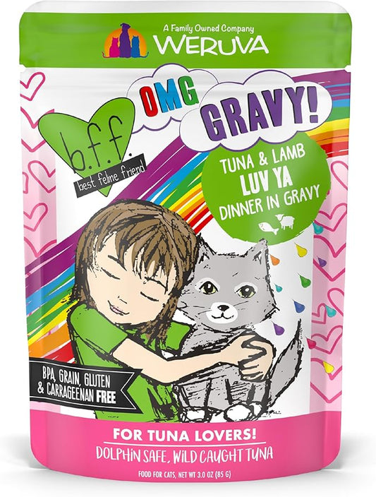Weruva B.F.F. OMG - Best Feline Friend Oh My Gravy!, Tuna & Lamb Luv Ya with Tuna & Lamb in Gravy Cat Food, 3oz Pouch (Pack of 12)