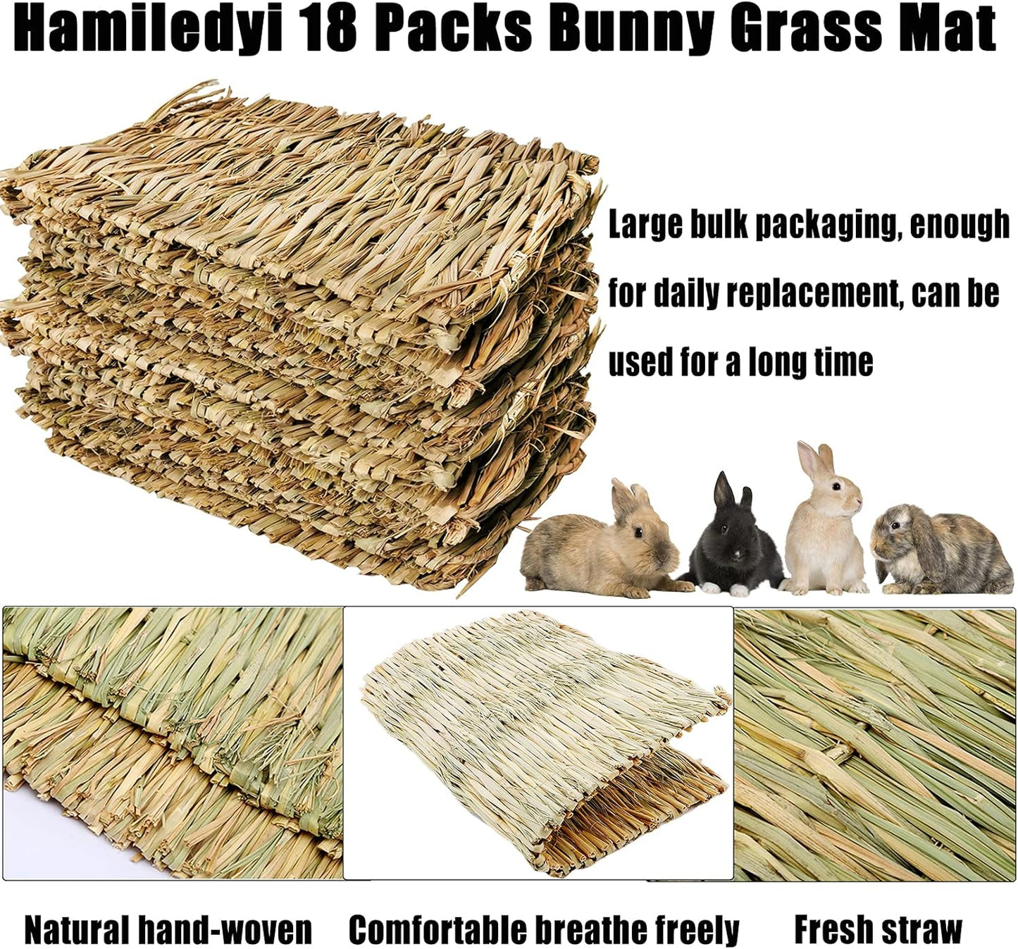 Hamiledyi 18 Pack Bunny Grass Woven Bed Mat Natural Straw Hay Mats Rabbit Handmade Bedding Sleeping Grinding Nesting and Chewing Toy for Guinea Pig Hamster Chinchilla Squirrel Hedgehog