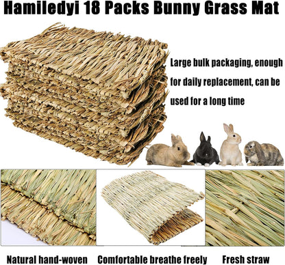 Hamiledyi 18 Pack Bunny Grass Woven Bed Mat Natural Straw Hay Mats Rabbit Handmade Bedding Sleeping Grinding Nesting and Chewing Toy for Guinea Pig Hamster Chinchilla Squirrel Hedgehog