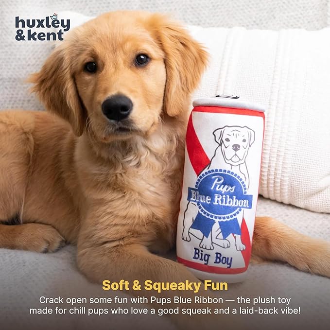 Huxley & Kent Funny Dog Toy w/Squeaker – Power Plush Squeaky Dog Toys for Small, Medium & Large Dogs – Soft Stuffed Animal for Indoor Play & Fetch - Pups Blue Ribbon, Large