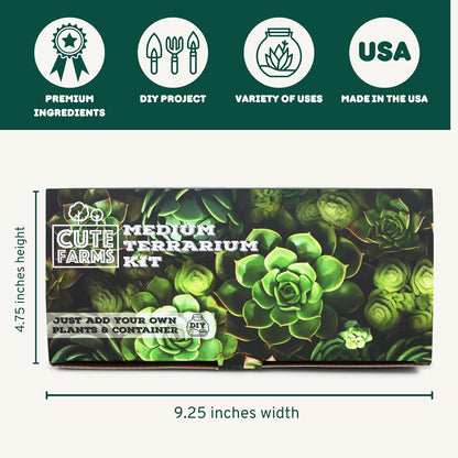 Cute Farms Terrarium Starter Kit | Moss, Vermiculite, Soil, Pebbles, Plant Food, Finishing Tools, Build and Care Guide | DIY Succulent Terrarium for Adults and Kids (Medium)
