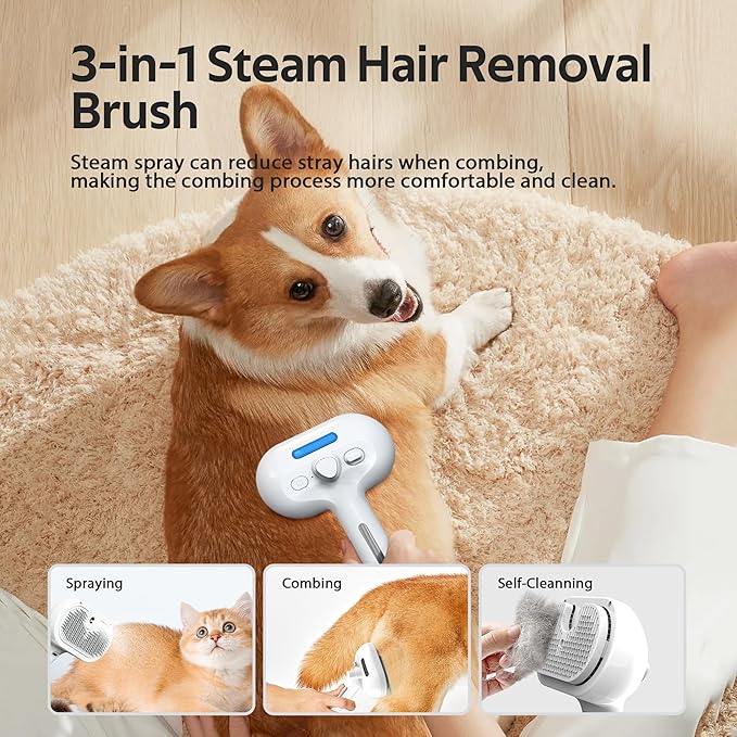 Pet Grooming Brush with Electronic Mist Spray - Gentle Deshedding Tool for Cats & Dogs, Pet Steam Brush，Reduces Shedding, Soft Bristles, Promotes Healthy Coat-Comes with a hair smoothing comb-White