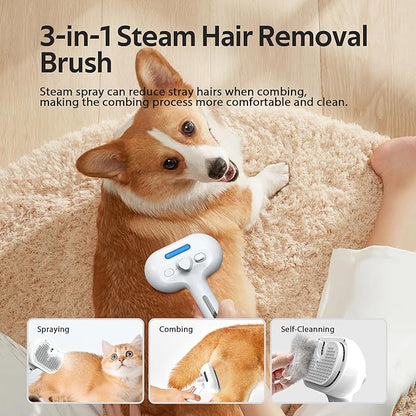 Pet Grooming Brush with Electronic Mist Spray - Gentle Deshedding Tool for Cats & Dogs, Pet Steam Brush，Reduces Shedding, Soft Bristles, Promotes Healthy Coat-Comes with a hair smoothing comb-White