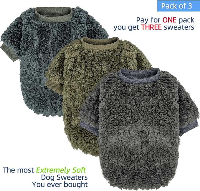 FabriCastle Dog Sweater, 3-Pack Dog Clothes & Coat, Pet Jacket for Small & Medium Dogs Boy or Girl, Soft and Warm Cat Sweaters Doggy Apparel Costumes Christmas (Dark Teal,Army Green,Dark Grey, Small)