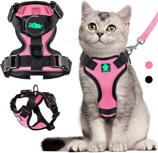 Cat Harness and Leash for Walking,Airtag Cat Harness and Leash Set with Integrated Hidden type Air Tag Holder,Escape Proof Reflective Adjustable Vest Harnesses with Apple Air Tag Case for Cats,Puppies