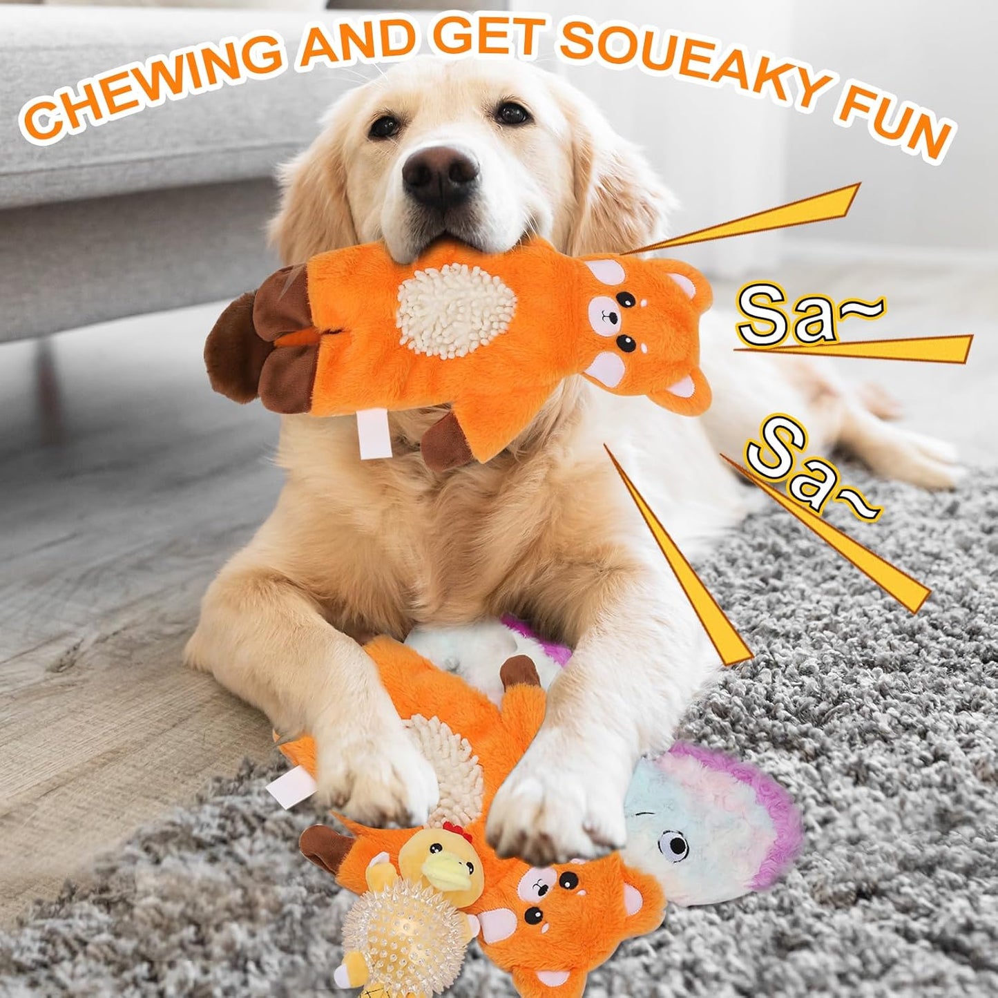 Non-Stuffed Plush Dog Toys 3-Pack - Sized for Small, Medium & Large Breed Puppies, Interactive Squeaky Crinkle Chew Toys