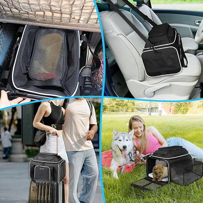 Petskd Top and Side Expandable Pet Carrier 17x12x8.5 Inches JetBlue Frontier Spirit Airline Approved, Soft-Sided Carrier for Small Cats and Dogs with Locking Safety Zipper and Anti-Scratch Mesh(Black)