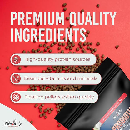 Blue Ridge Koi Fish Food 2lb - 3/16" Probiotic Plus for Goldfish and Ponds, Premium Fall and Winter Floating Pellets