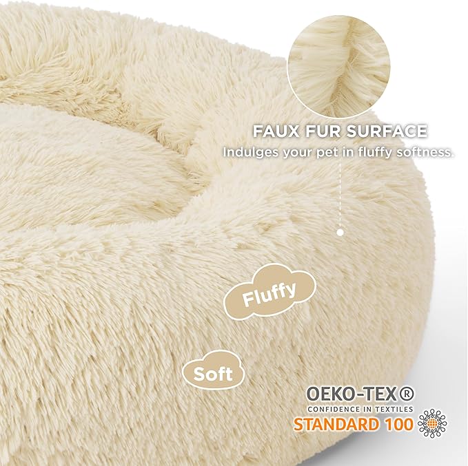 Bedsure Calming Dog Bed for Large Dogs - Donut Washable Large Pet Bed, Anti-Slip Round Fluffy Plush Faux Fur Dog Bed, Fits up to 80 lbs Pets, Ivory Beige, 36 inches