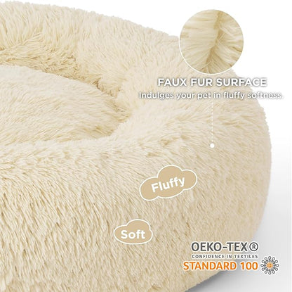 Bedsure Calming Dog Bed for Large Dogs - Donut Washable Large Pet Bed, Anti-Slip Round Fluffy Plush Faux Fur Dog Bed, Fits up to 80 lbs Pets, Ivory Beige, 36 inches