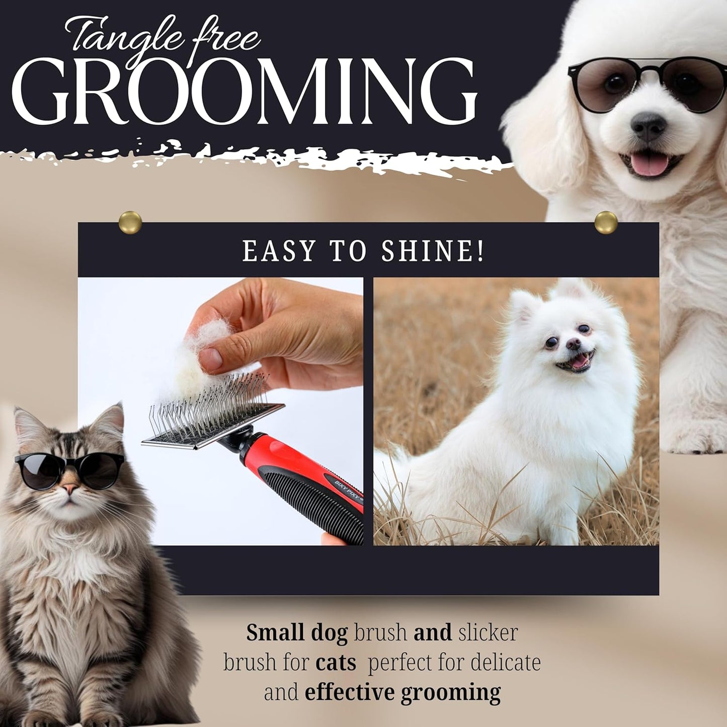 Mini Brush for Dogs and Cats - Coated Tips Massage Skin - Long Pins Remove Mats, Tangles in Long and Poodle Fur