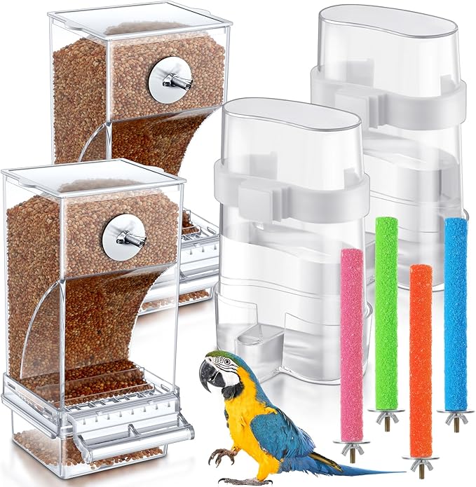 Yaomiao 4 Pcs No Mess Bird Feeders with 4 Pcs Cage Perch Automatic Clear Drinker Parakeet Seed Dispenser Quail Feeder and Watered Cage Accessories for Lovebirds Conures Budgies Canary Finch