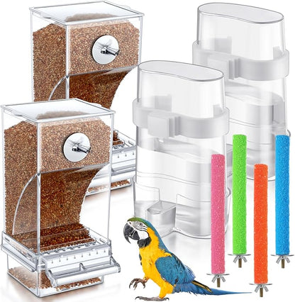Yaomiao 4 Pcs No Mess Bird Feeders with 4 Pcs Cage Perch Automatic Clear Drinker Parakeet Seed Dispenser Quail Feeder and Watered Cage Accessories for Lovebirds Conures Budgies Canary Finch