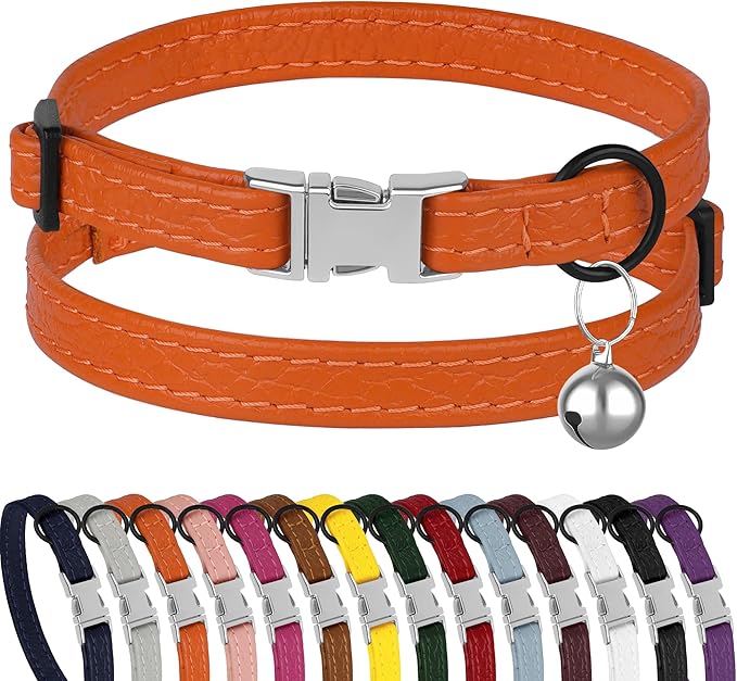 Leather Cat Collar with Buckle and Removable Bell - Non Breakaway Adjustable Soft Safety Small Pet Collars for Girl Boy Cats Kitten (Orange)