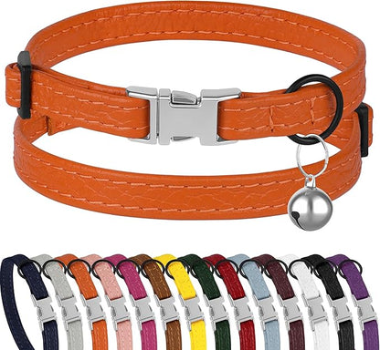 Leather Cat Collar with Buckle and Removable Bell - Non Breakaway Adjustable Soft Safety Small Pet Collars for Girl Boy Cats Kitten (Orange)
