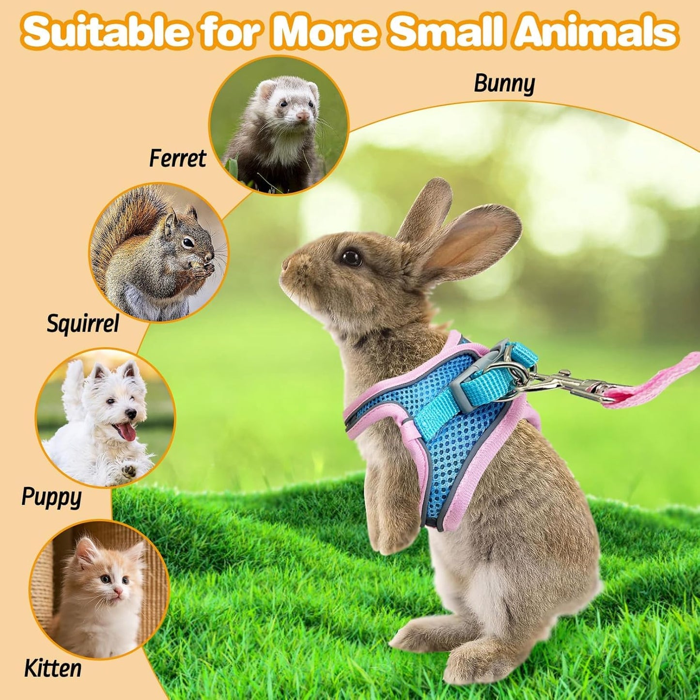 PINVNBY 2 Pack Bunny Hsrness and Leash Set Adjustable Rabbit Harness with Reflective Strips Double Buckle Pet Vest Eescape Proof for Small Rabbit Kitten Puppy Walks Accessories (Pink Blue, M)