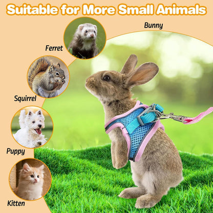 PINVNBY 2 Pack Bunny Hsrness and Leash Set Adjustable Rabbit Harness with Reflective Strips Double Buckle Pet Vest Eescape Proof for Small Rabbit Kitten Puppy Walks Accessories (Pink Blue, M)