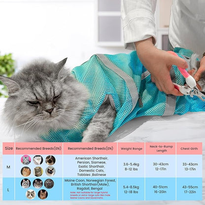 Cinf Cat Bathing Bag(Free Muzzle) Breathable Mesh Anti Scratch Adjustable Cat Grooming Bag for Nail Trimming, Bathing Soft Cat Washing Bag(Light Blue) L