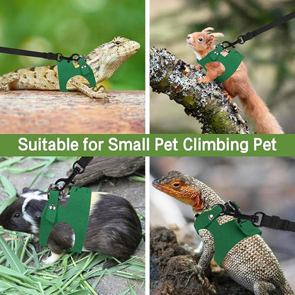 Bearded Dragon Harness Leash Set 3 Size Adjustable Lizards Training Walking Leather Vest Escape-Proof Traction Rope for Outdoor Small Reptiles Animal Squirrels (Green)