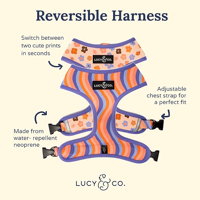 Lucy & Co. Purple with Coral Floral Wave, Cute Reversible Dog Harness Walking Halter - Best Designer Pet Harnesses for XS - XL Dogs - Padded Adjustable Vest for Easy Walking (Medium)
