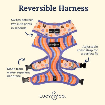 Lucy & Co. Purple with Coral Floral Wave, Cute Reversible Dog Harness Walking Halter - Best Designer Pet Harnesses for XS - XL Dogs - Padded Adjustable Vest for Easy Walking (Small)