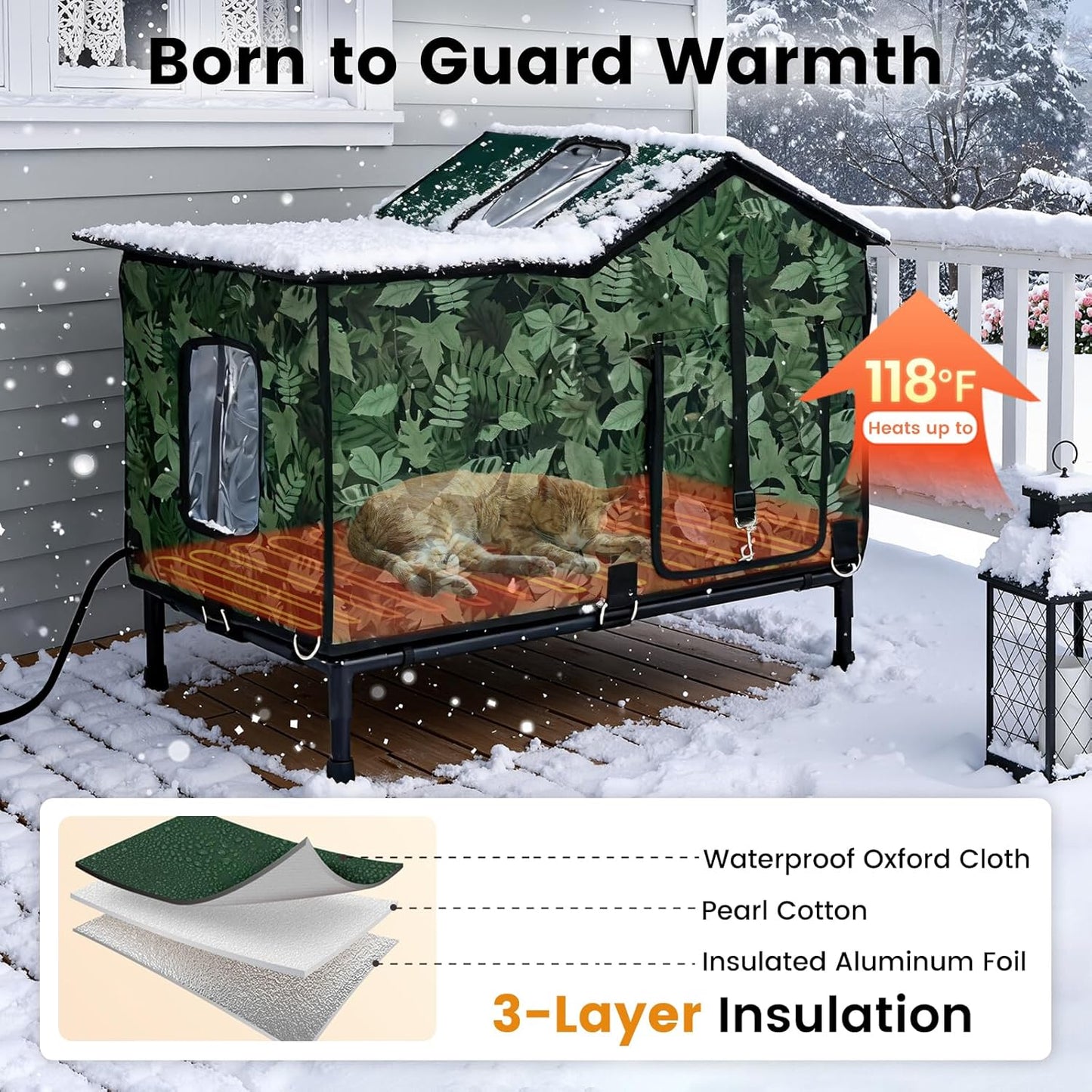 Heated Cat House for Outside in Winter, Weatherproof & Insulated Large Cat Shelter with Heated Cat Bed and 2 Safe Escape Doors for Multiple Stray/Feral Cats(Leaf Pattern, 27.6"x19.3"x21.3")