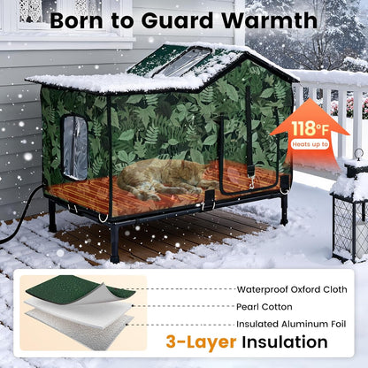 Heated Cat House for Outside in Winter, Weatherproof & Insulated Large Cat Shelter with Heated Cat Bed and 2 Safe Escape Doors for Multiple Stray/Feral Cats(Leaf Pattern, 27.6"x19.3"x21.3")