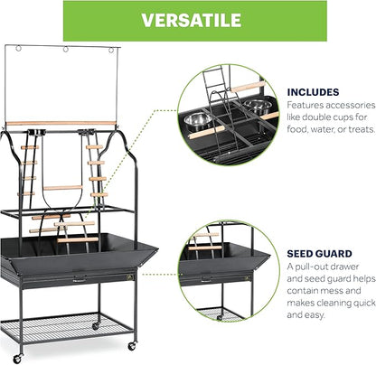 Prevue Pet Products Large Parrot Playstand with Wheels, Bird Stand Activity Play Center with Perches and Ladders, Indoor Outdoor Playground for Birds, Black Hammertone Finish