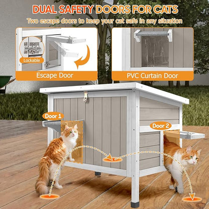 PetsCosset Insulated Cat House Outdoor Weatherproof Feral Cat Shelter for Winter, All-Round Foam Insulation Wooden Pet House for Outdoor Cat with Raised Base, Openable Roof (30.7"L x 21.7"W x 25.6"H)