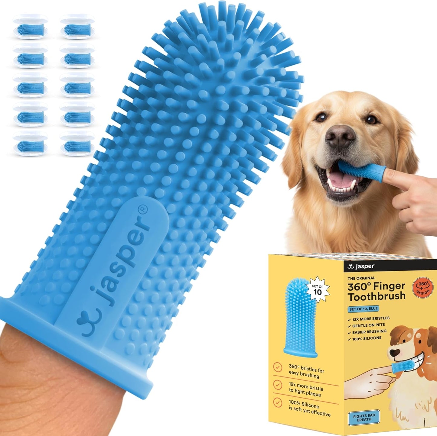 Jasper Dog Toothbrush, 360 Degree Pet Tooth Brushing Kit, Cat Toothbrush, Canine Dental Care & Teeth Cleaning Kit, Pet Finger Tooth Brush, Use with Dog Toothpaste, 10-Pack Blue
