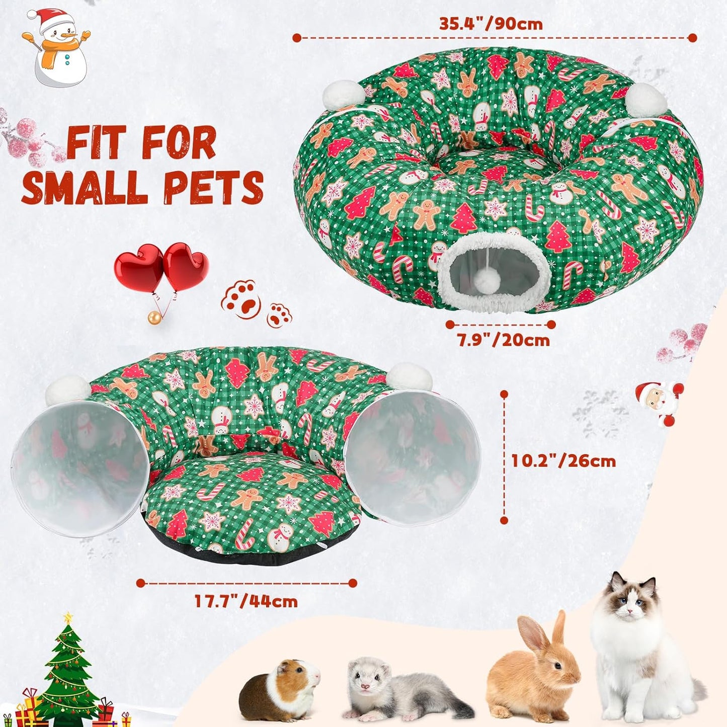 Cat Tunnel Christmas Tree Skirt Cat Tunnel Bed for Indoor Cats Play Donut Tunnel Toys S Shape for Rabbit Ferret (Green)