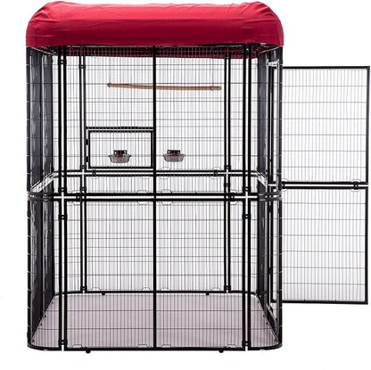 Large Black Walk in Bird Cage Parrot Macaw with Red Cover Top Parakeet Finch Budgie Lovebird Aviary Pet House Heavy Duty Big