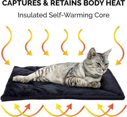 Furhaven ThermaNAP Self-Warming Cat Bed for Indoor Cats & Small Dogs, Washable & Reflects Body Heat - Quilted Faux Fur Reflective Bed Mat - Black, Small