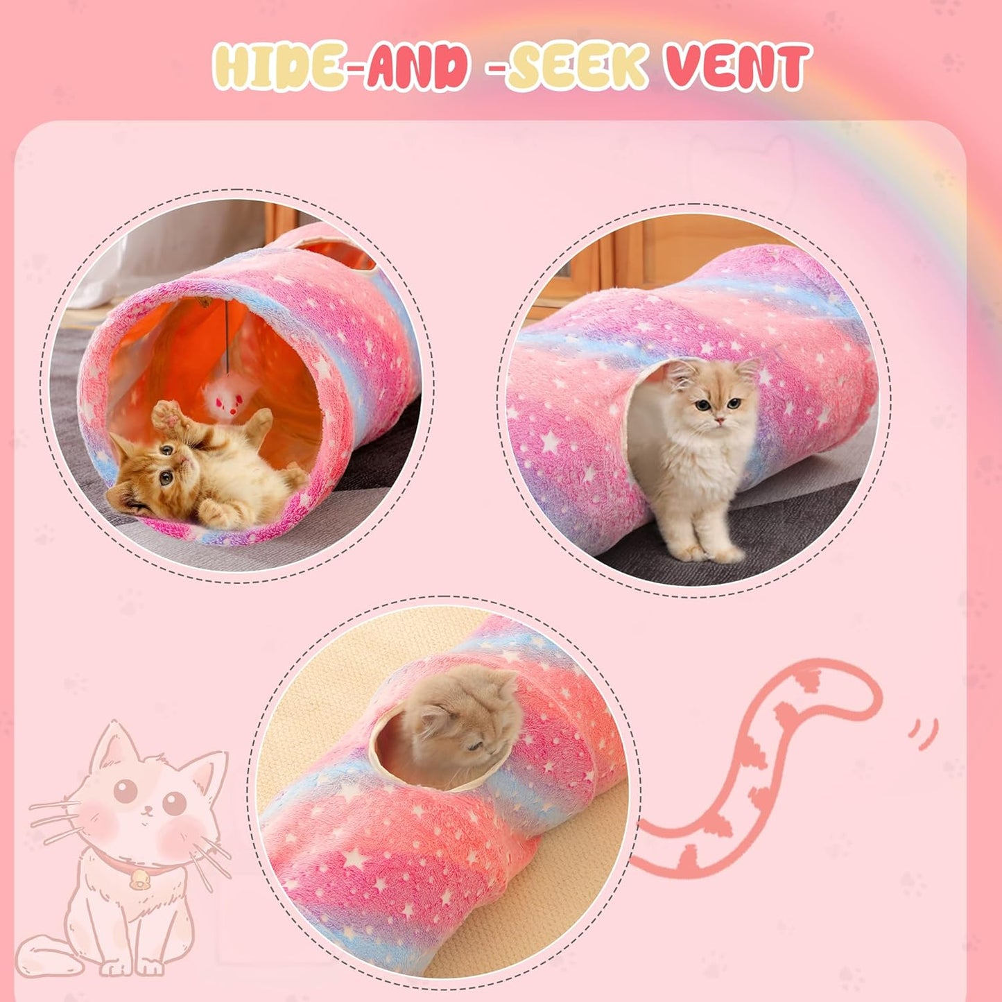 Cat Tunnels for Indoor Cats with Plush Toys Collapsible Glows in The Dark Dog Cat Tunnel Tube Toys Photoluminescent for Indoor Cats Small Dogs Puppy Kitten Rabbit Bunny Ferret Pet Rainbow
