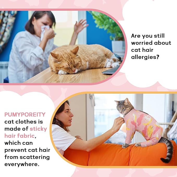 PUMYPOREITY Cat Hair Sticky Sweater, Stretchy 4-Leg Design for Fur Control, Recovery Suit - Breathable & Lightweight for Post-Surgery Protection, Cat Onsie Prevents Licking Wounds, Pink, XL