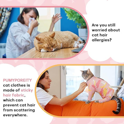 PUMYPOREITY Cat Recovery Suit, Stops Wound Licking After Surgery, Sticky Hair Shirt with Sticky Fabric, Cat Pajamas Prevents Over-Grooming, Kitten Onesie - Soft & Machine Washable, Pink, S