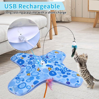 DFQ Cat Toys,3 in 1 USB Rechargeable Automatic Kitten Toy,Flying Bird Kitten Wand,Hide and Seek Exercise Kicker for All Breeds Indoor Adult Cats(Blue Fish with Pole)