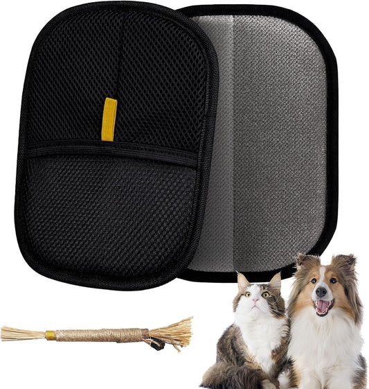 Pet Hair Removal Glove for Furniture, Carpet, Clothes and Car Seats, Electrostatic Cat & Dog Hair Removal Tool, Reusable Pet Hair Remover Glove with Silvervine Sticks (Black, 2 Gloves & 1 Stick)