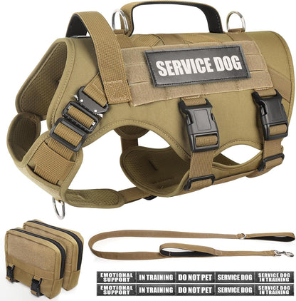 WINSEE Tactical Dog Harness with Dog Leash, Service Working MOLLE Vest with 10 Pet Patches for Large Dog, No Pull Military Harness and Backpack for Training Hunting Walking